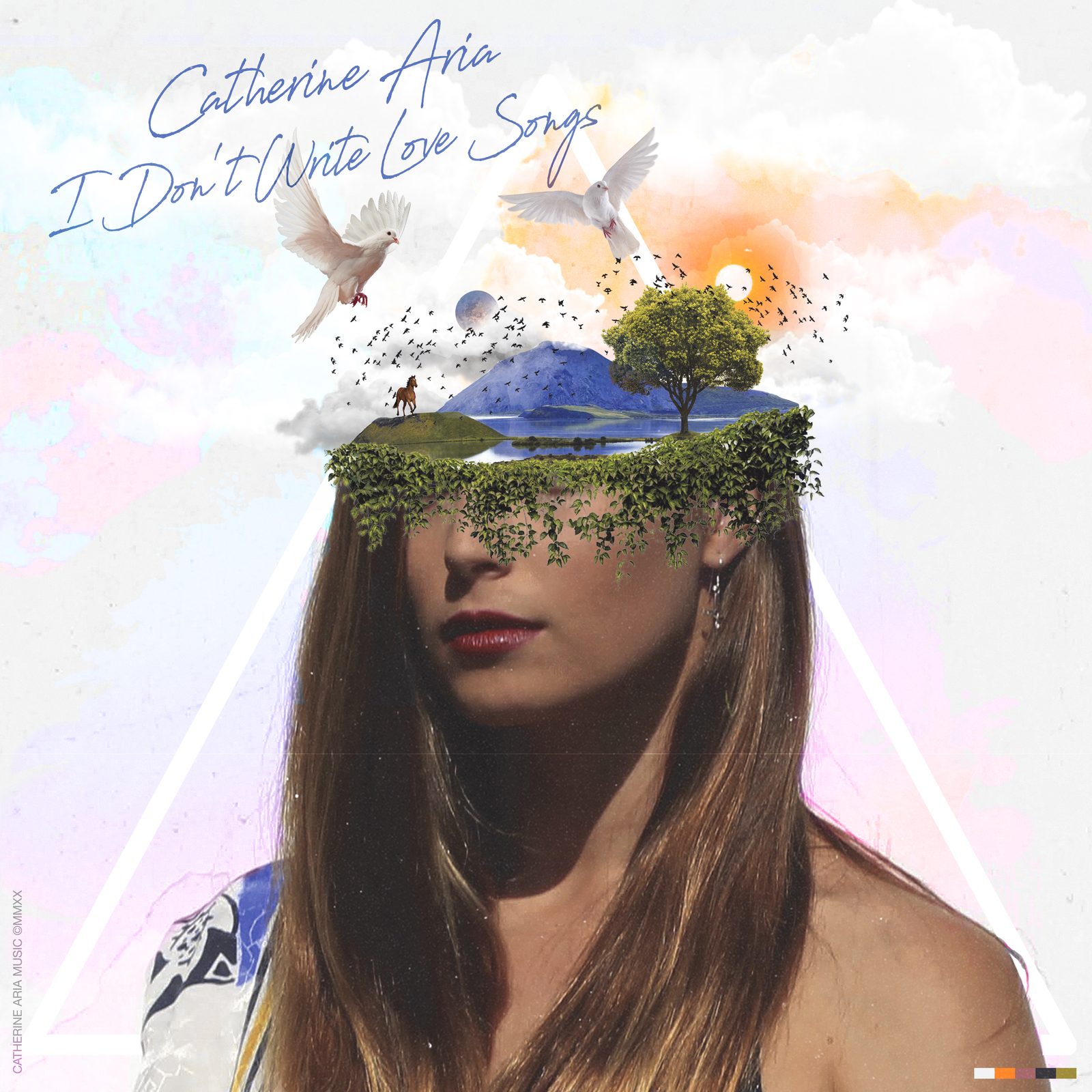 Catherine Aria — I Don’t Write Love Songs single cover, surreal collage of a floating island and doves, designed by James Marshel