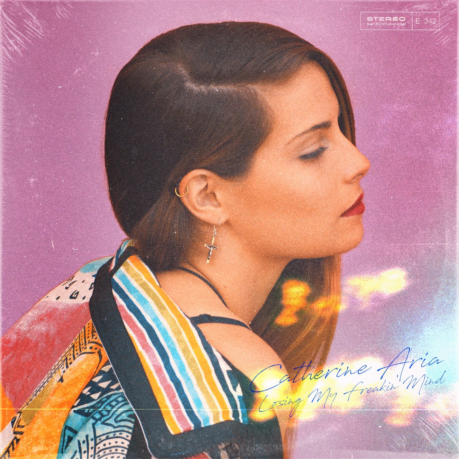 Catherine Aria — Losing My Freakin’ Mind single cover, pink retro sleeve portrait in profile, designed by James Marshel