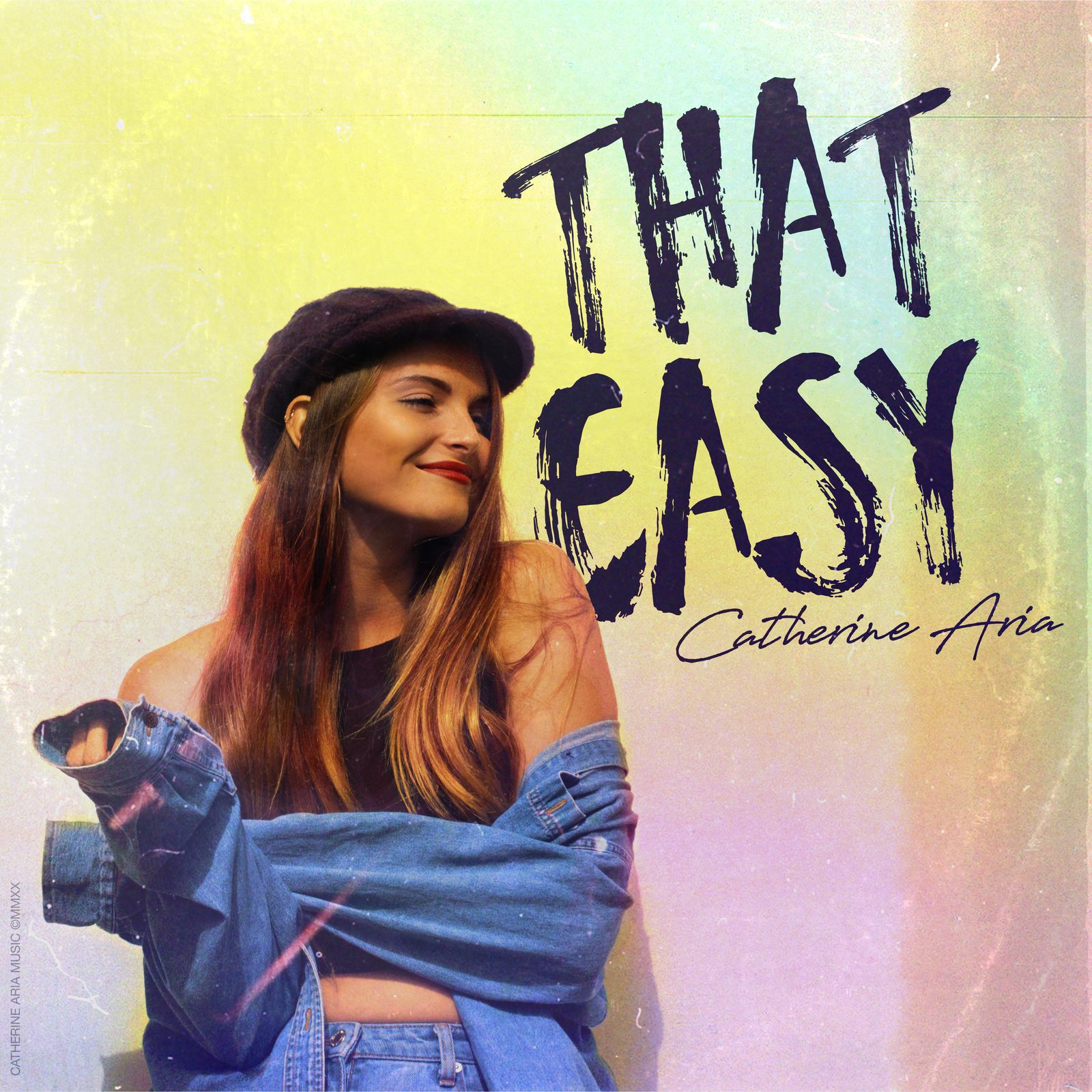 Catherine Aria — That Easy single cover, denim jacket portrait with brush-lettered type, designed by James Marshel