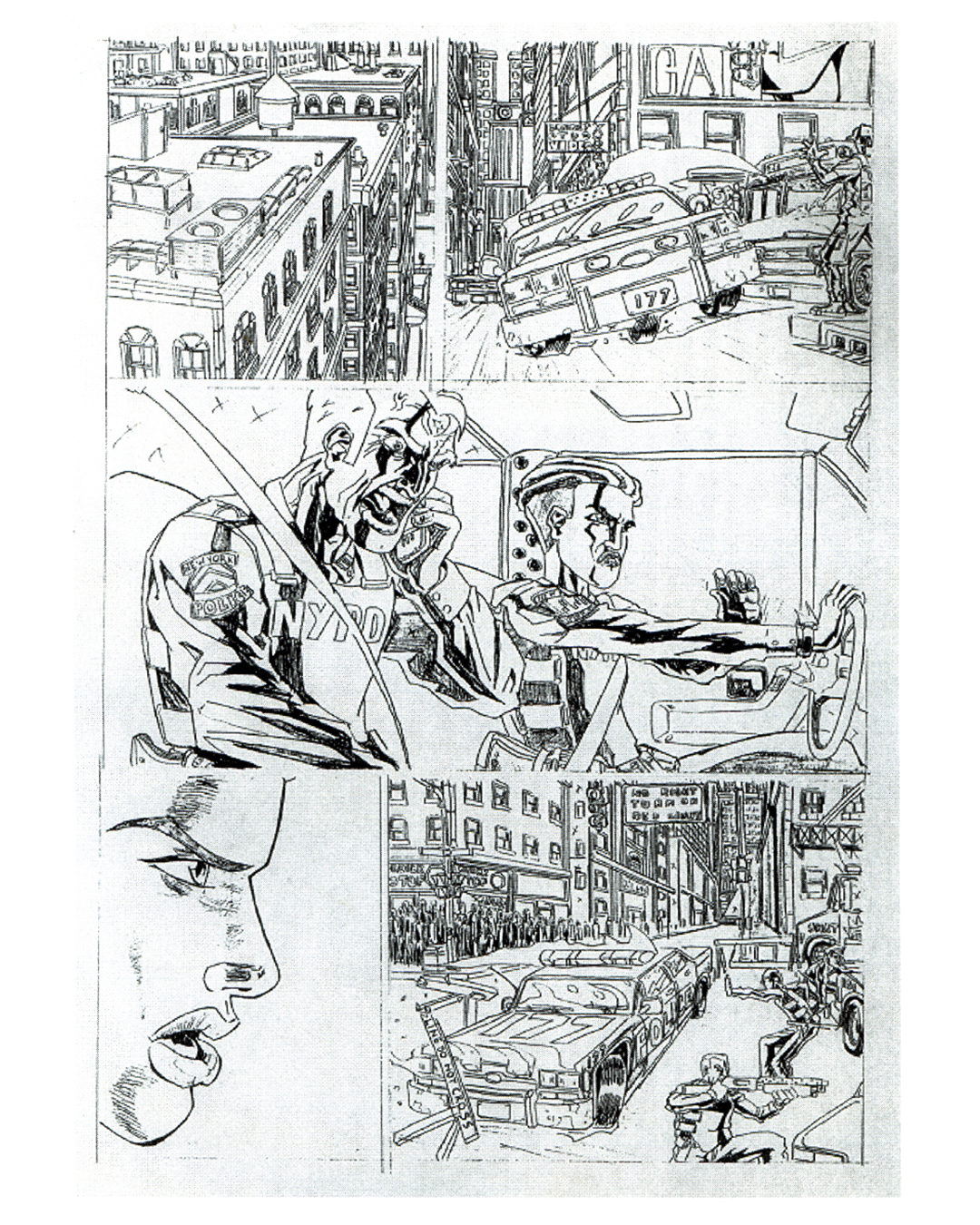 Comic page in pencil and ink — aerial city rooftops and an NYPD car chase, by James Marshel