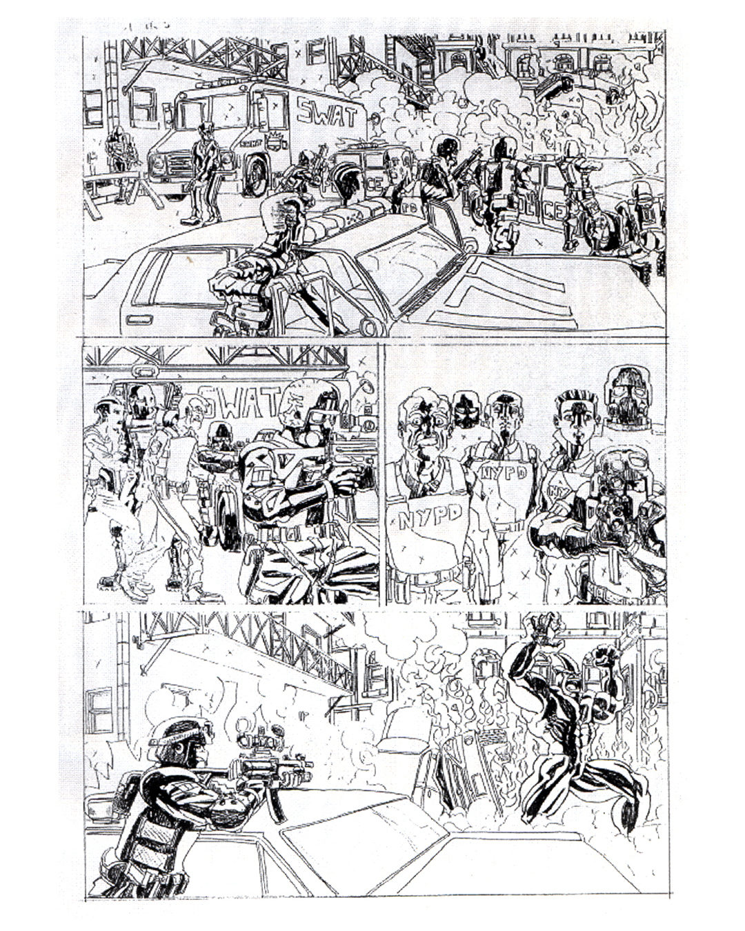 Comic page in pencil and ink — SWAT team and police standoff under an overpass, by James Marshel