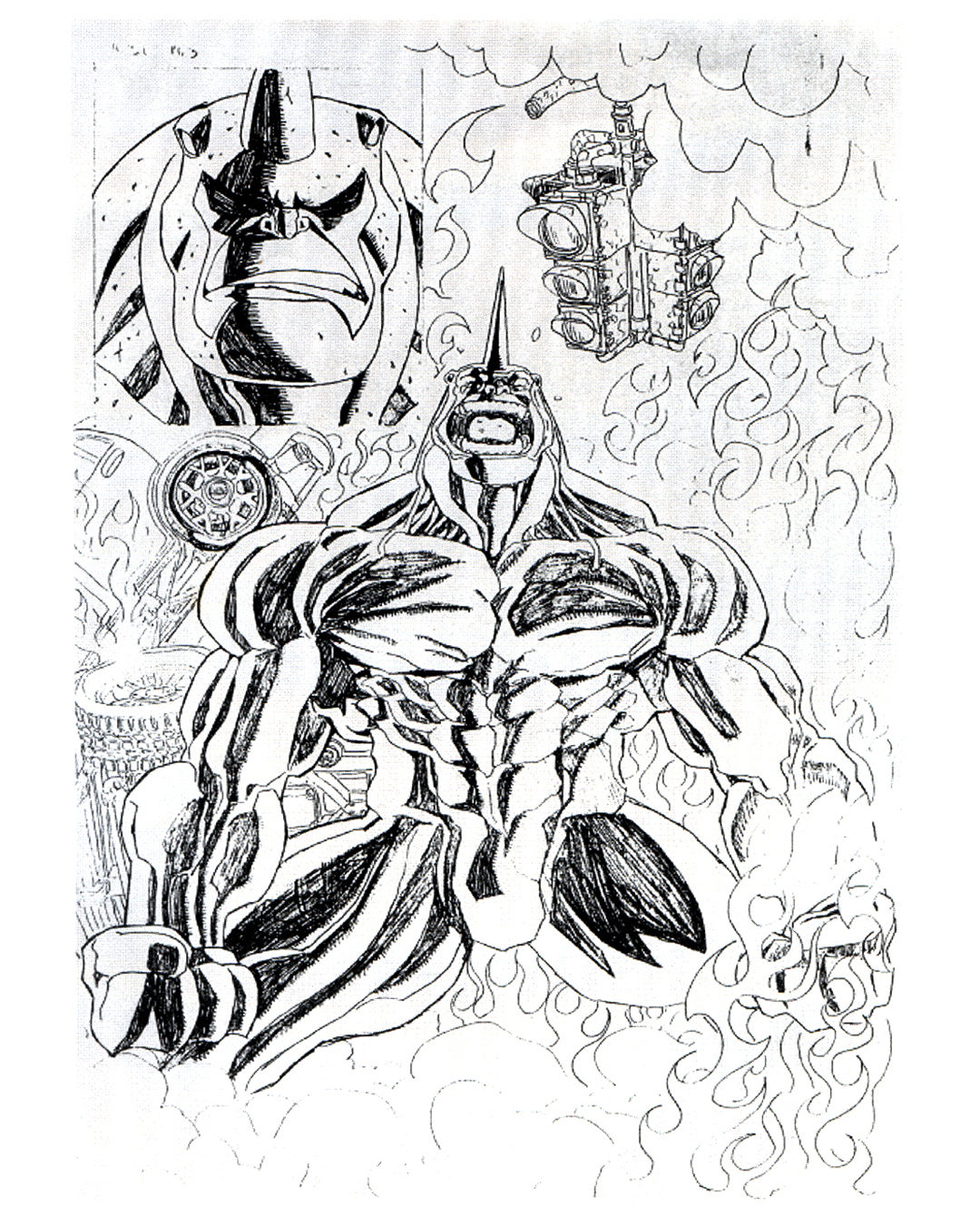 Comic splash page in pencil and ink — armoured figure emerging from flames, by James Marshel