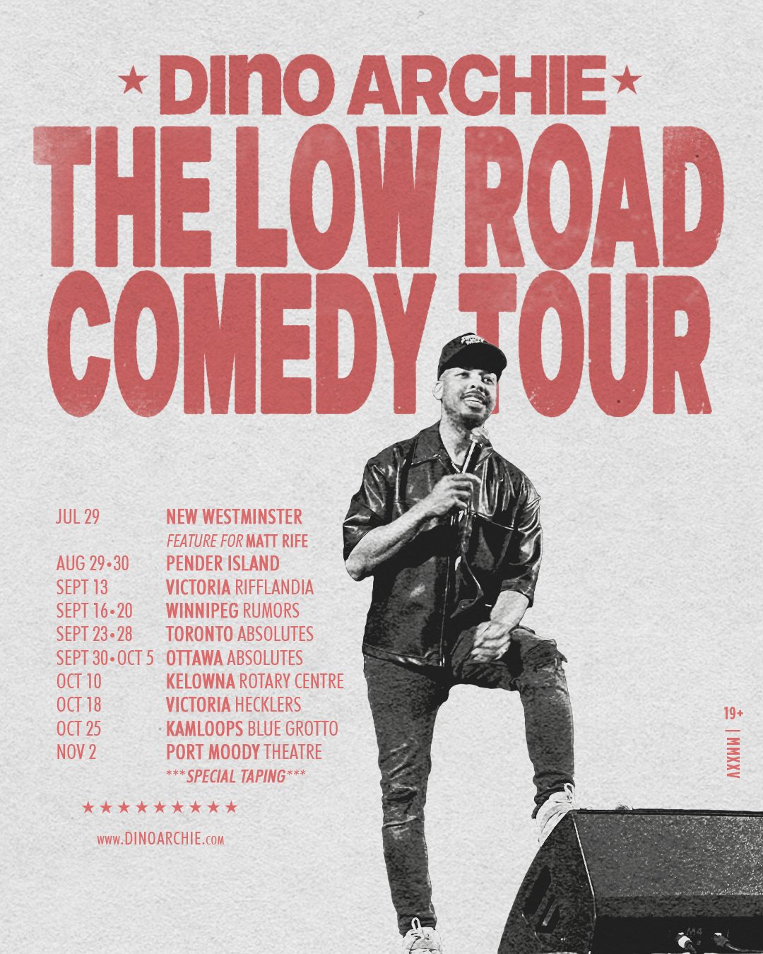 Dino Archie — The Low Road Comedy Tour poster with tour dates by James Marshel