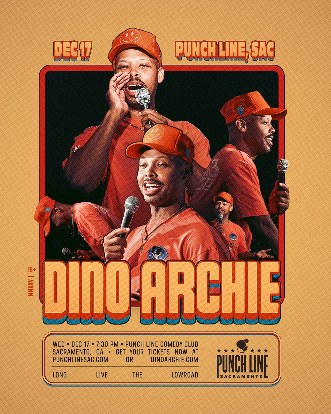 Dino Archie — Punch Line Sacramento poster, orange retro comedy design by James Marshel