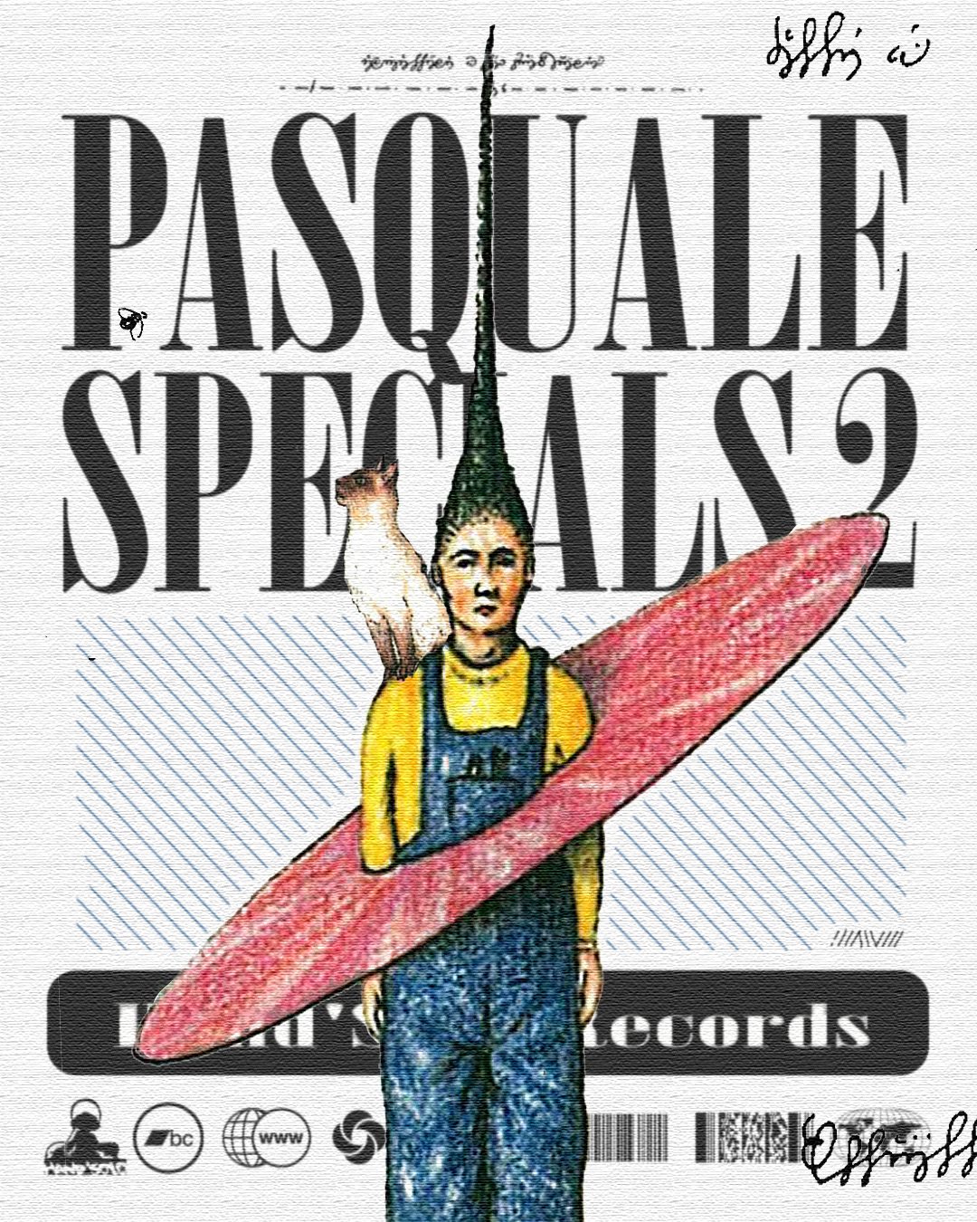 Pasquale Specials 2 — black and white cover variant, figure in overalls with a cockatoo and surfboard, album art for Hand’Solo Records by James Marshel