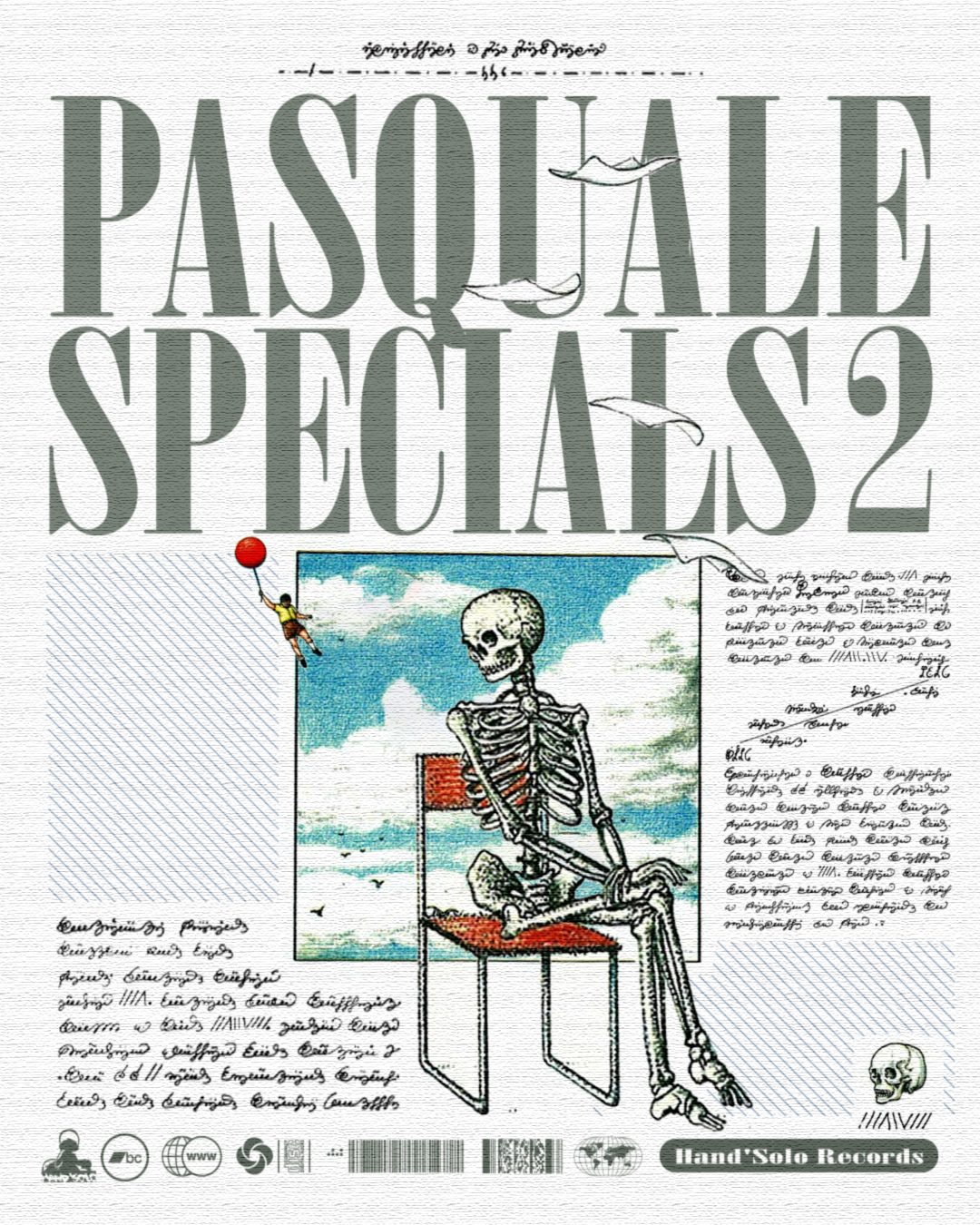 Pasquale Specials 2 — grey cover variant, skeleton seated on a chair against a cloud sky, album art for Hand’Solo Records by James Marshel