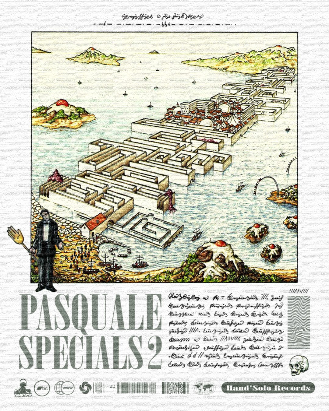 Pasquale Specials 2 — grey cover variant, island maze city with tuxedoed figure, album art for Hand’Solo Records by James Marshel