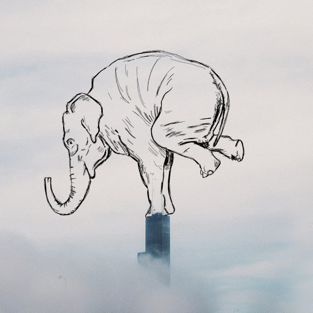 Line drawing of an elephant balancing on a tower above the fog, by James Marshel