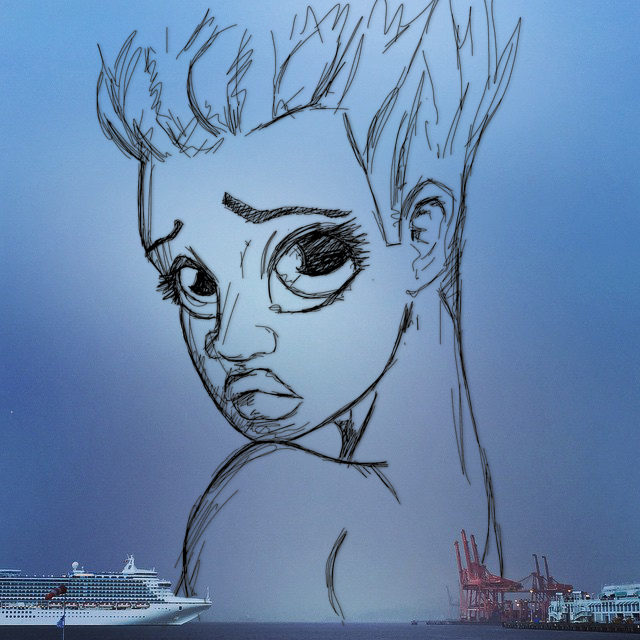 Sketched face drawn over a photograph of a harbour with a cruise ship and cranes, by James Marshel