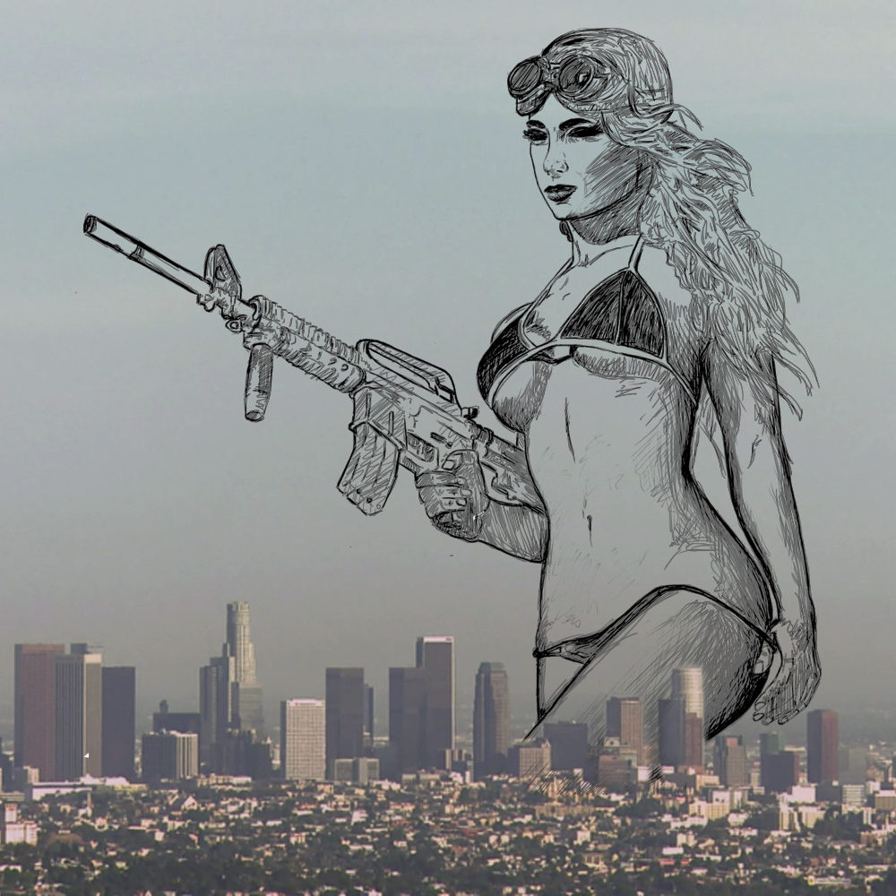 Sketched figure with goggles and a rifle drawn over a downtown skyline photograph, by James Marshel