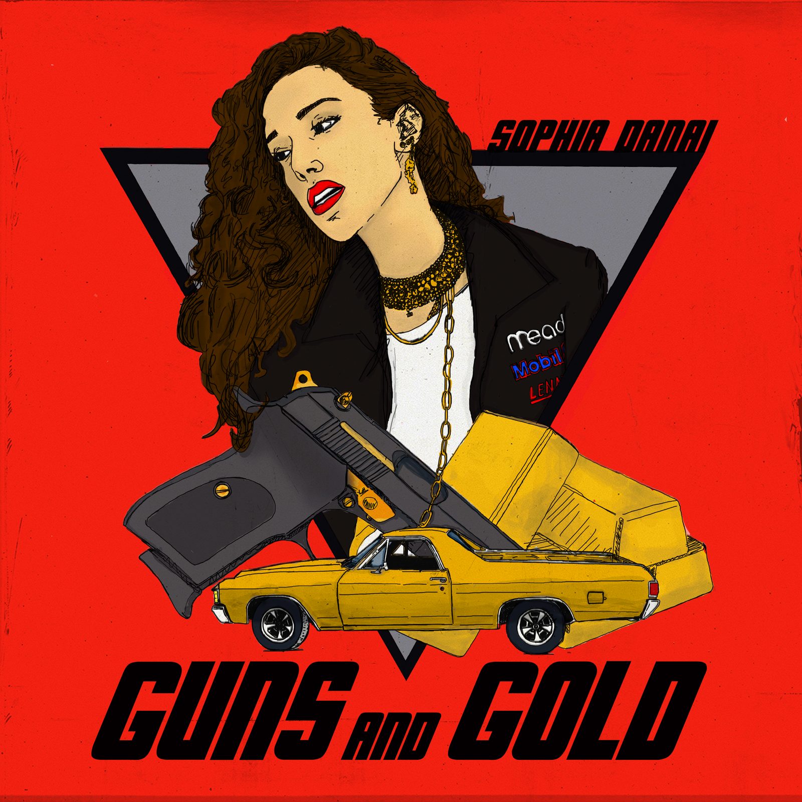 Sophia Danai — Guns and Gold single cover, illustrated portrait with pistol and yellow El Camino, designed by James Marshel