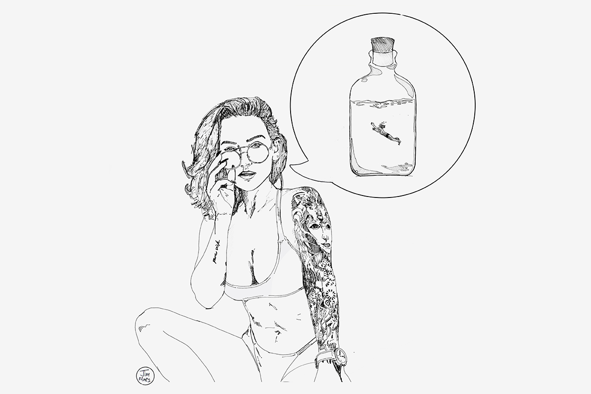 Ink illustration of a seated figure with a tattooed sleeve, thinking of a swimmer inside a bottle, by James Marshel