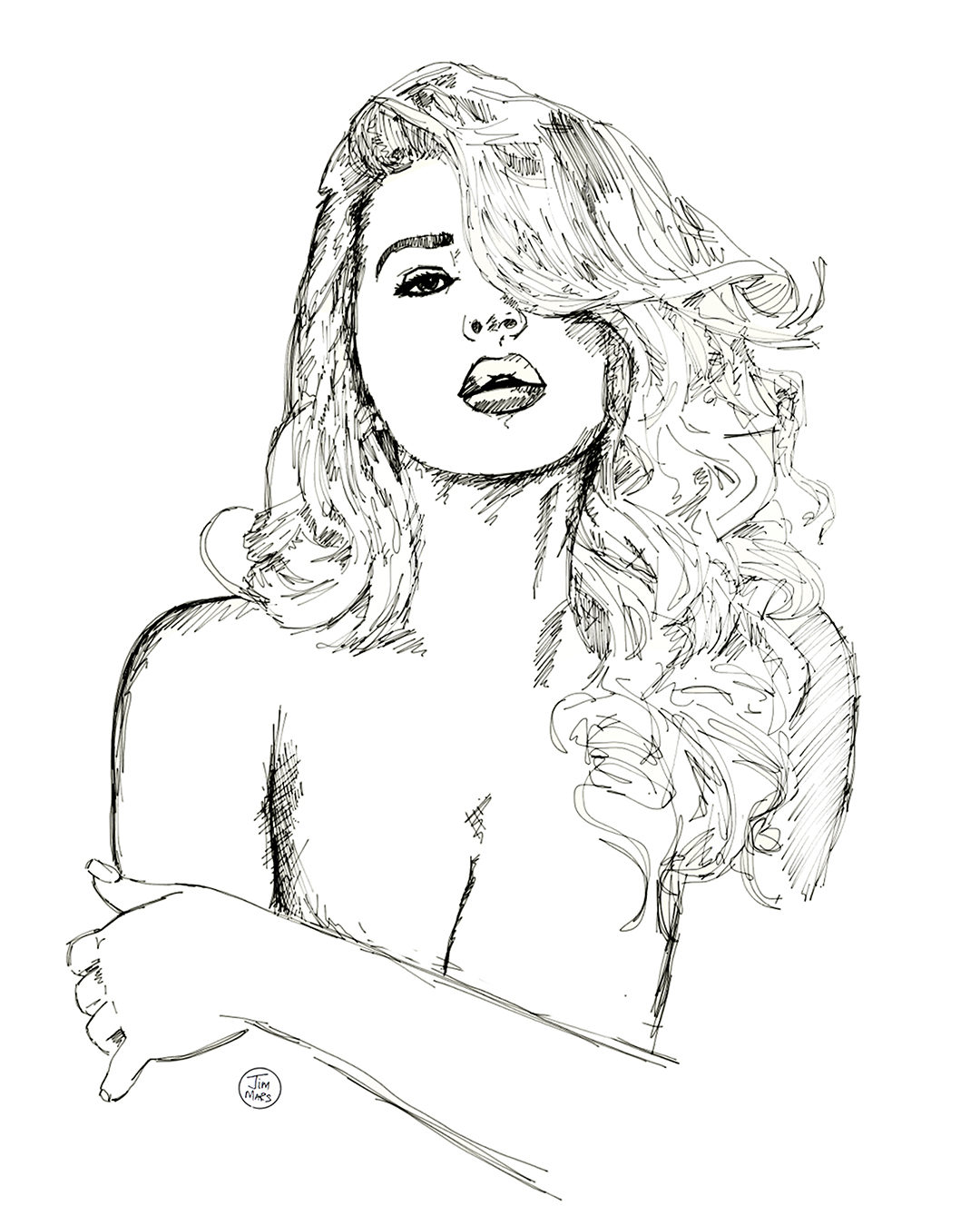 Pen portrait of a figure with long curling hair, by James Marshel