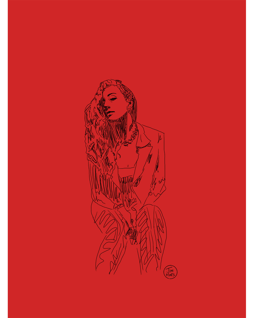 Line drawing of a seated figure on a flat red background, by James Marshel