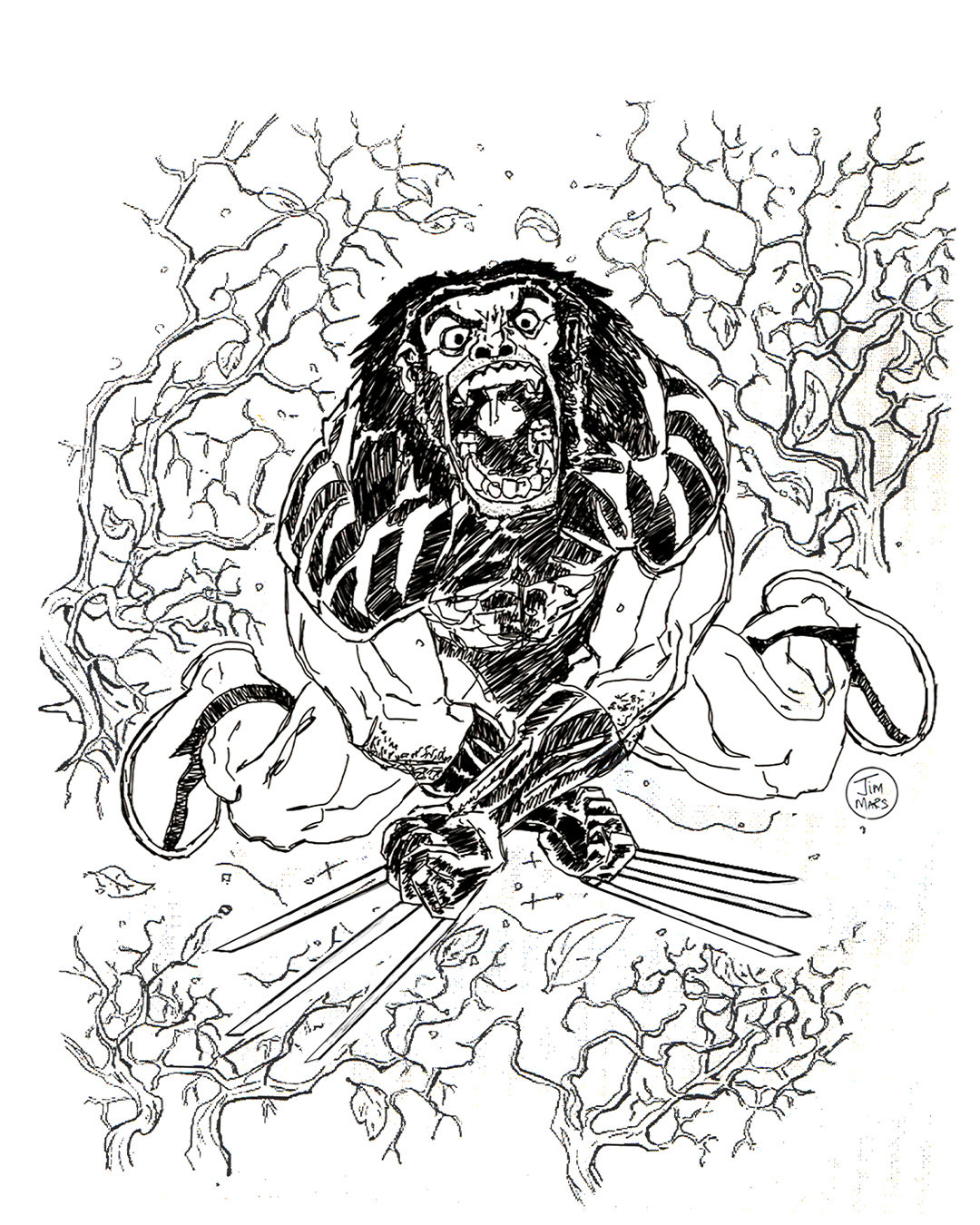 Ink drawing of a snarling clawed mutant lunging through bare branches, by James Marshel
